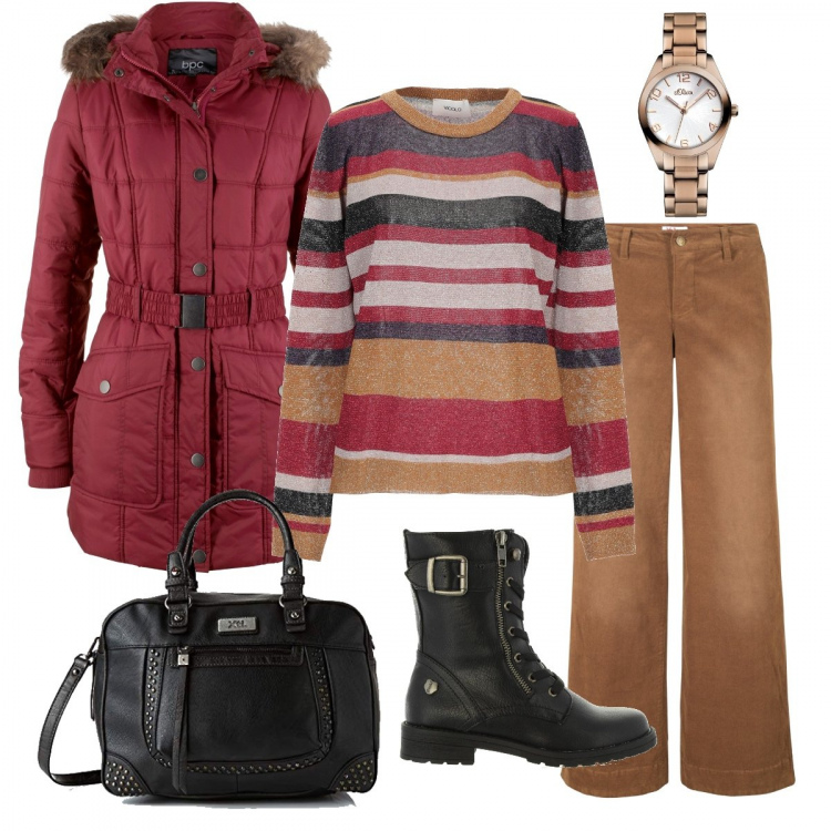 Outfit donna - Sopra le righe. Stile Basic per Ufficio. Abbinamento con pantaloni, costumi interi, pullover a righe lavorato a maglia collo tondo a maniche lunghe, stivali con lacci in pelle sintetica nero, borsa a mano nero, orologio.
