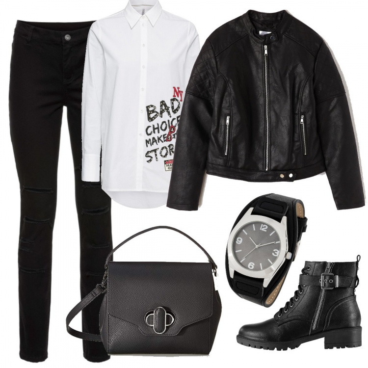 Outfit donna - Rock soft. Stile Rock per Tutti i giorni. Abbinamento con vestiti lunghi, vestiti, pantaloni skinny, giubbino con zip in ecopelle tinta unita nero, stivaletti, borsa a tracolla nero.