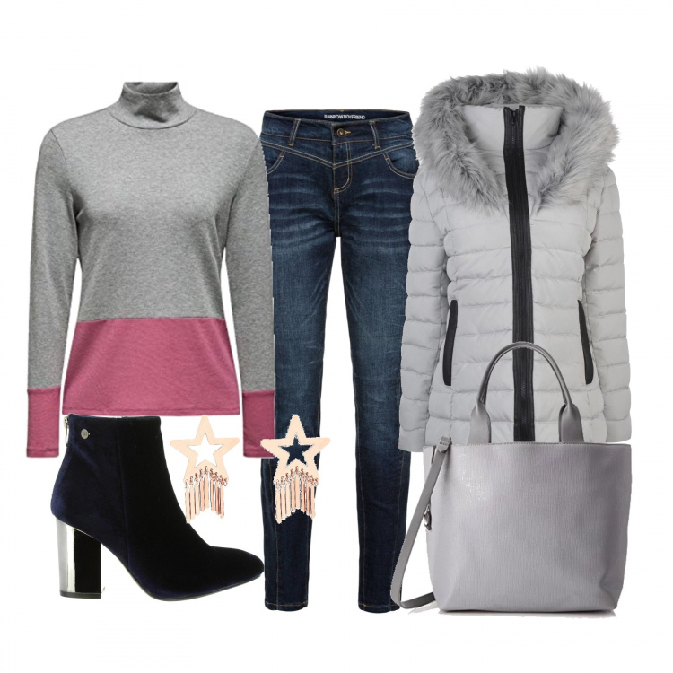 Outfit donna - Orecchini stelle e frange. Stile Trendy per Tutti i giorni. Abbinamento con jeans boyfriend, orecchini, piumino grigio, t-shirt, borsa a tracolla con cinturino grigio, stivaletti.