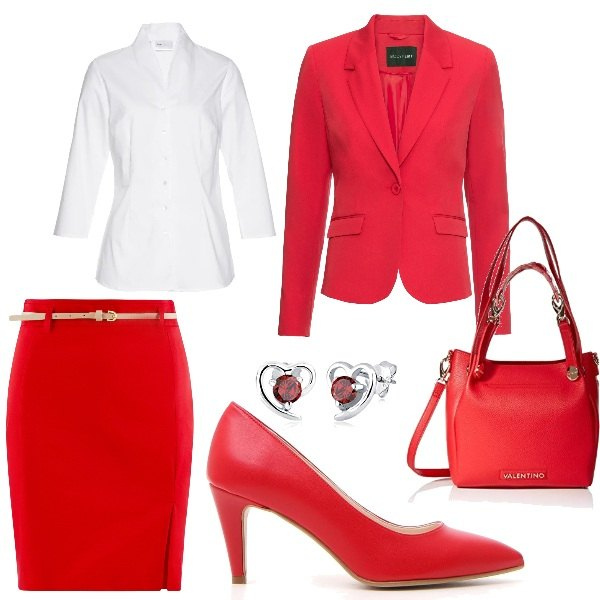 Outfit donna - Rosso Valentino. Stile Chic Abbinamento con camicie, blazer, gonna con cintura e spacco rosso, décolleté, shopping bag rosso, orecchini.