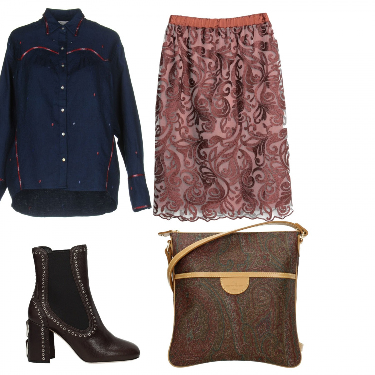 Outfit donna - I miei amati tacchi. Stile Etnico per Tutti i giorni. Abbinamento con gonna longuette con pizzo effetto acetato interno foderato in raso tinta unita, camicia, borsa a tracolla con logo frontale marrone, stivaletti.