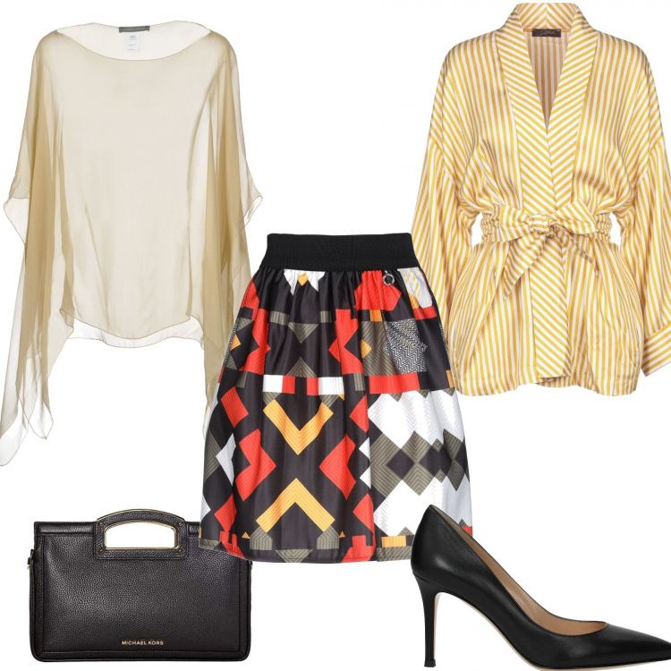 Outfit donna - Curvy Style. Stile Sexy per Serata fuori. Abbinamento con gonne longuette, cappe, bluse, décolleté nero, borse a mano.
