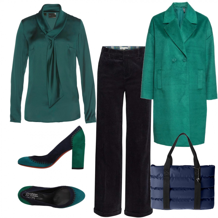 Outfit donna - Tacchi bicolore #curvystyle. Stile Trendy per Ufficio. Abbinamento con tunica effetto satinato verde, cappotto verde, décolleté fantasia multicolore effetto scamosciato con tacco squadrato e punta tonda pianta larga, pantaloni, borsa a cartella blu e navy.