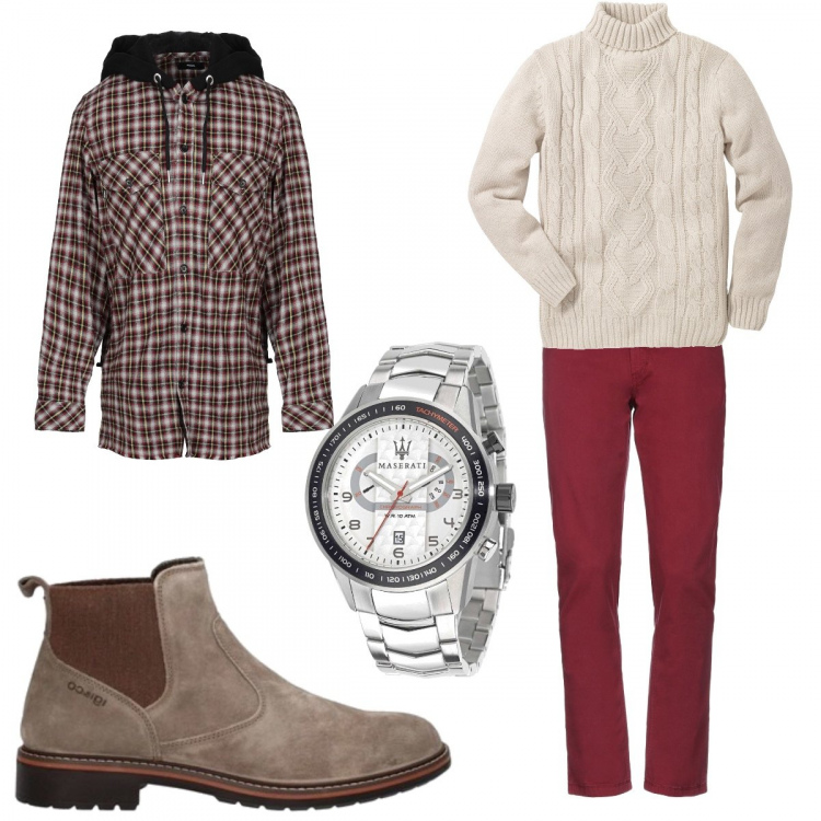 Outfit uomo - Parka a quadretti. Stile Casual per Tutti i giorni. Abbinamento con maglieria, pantaloni, camicia fantasia con cappuccio a maniche lunghe in flanella con bottoni multicolore, stivaletti, orologio.