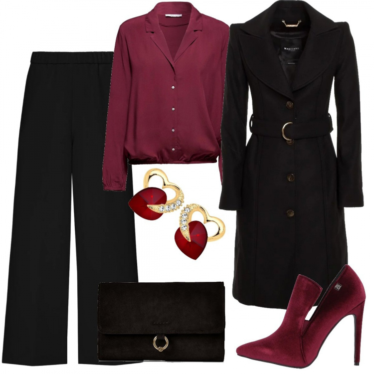 Outfit donna - #cutvystyle. Stile Chic per Serata fuori. Abbinamento con stivaletti a punta in velluto tinta unita, giubbotto nero, camicie, pantalone cropped con cinturino nero, orecchini, shopping bag effetto scamosciato taglia unica nero.
