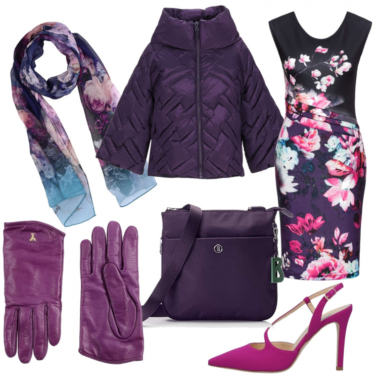 Outfit donna - Tacchi e fiori. Stile Chic per Ufficio. Abbinamento con vestito fantasia floreale viola, piumino collo alto con zip in tessuto tecnico tinta unita, décolleté petite con fibbia a punta jersey, stola fantasia floreale in seta crêpe, guanti interno foderato in pelle tinta unita, borse a spalla.