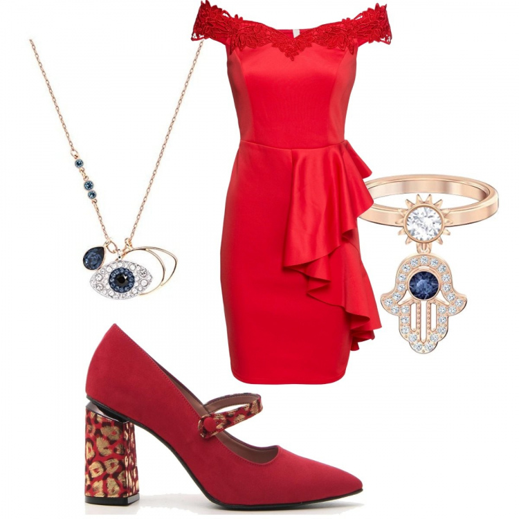 Outfit donna - Non passare inosservata. Stile Sexy per Serata fuori. Abbinamento con vestito, décolleté, anelli, ciondoli.