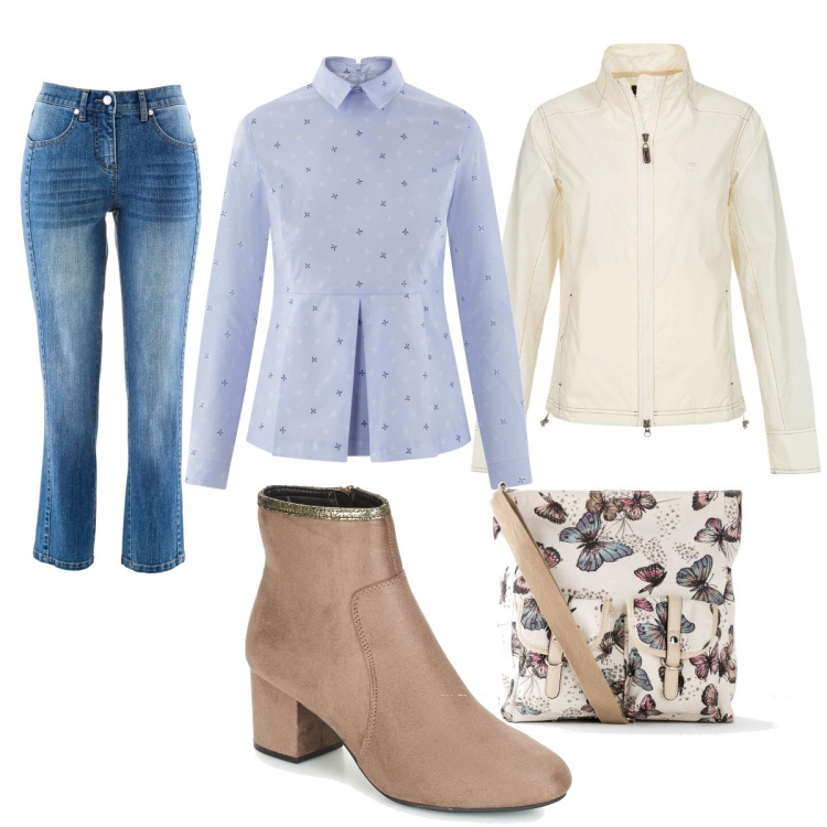 Outfit donna - La borsa con le farfalle. Stile Basic per Tutti i giorni. Abbinamento con borse a tracolla, jeans elasticizzato, stivaletti, camicie, giacca sport con zip e tasche.