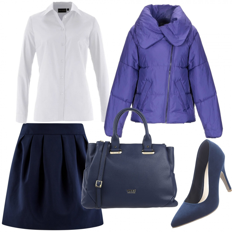 Outfit donna - Martedì in ufficio. Stile Trendy per Ufficio. Abbinamento con camicie, décolleté, piumino collo classico a maniche lunghe con zip interno imbottito in tessuto tecnico tinta unita, borsa a mano taglia media con zip interno foderato in pelle sintetica tinta unita, gonna forma svasata con pieghe blu.