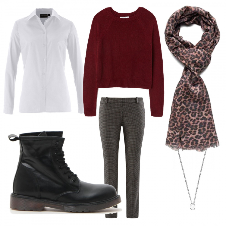 Outfit donna - Casual. Stile Basic per Tutti i giorni. Abbinamento con camicie, maglione, pantaloni, stivaletti, collana girocollo in argento 925 argento, sciarpe.