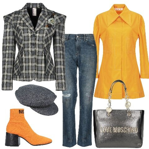 Outfit donna - Trendy #33668. Stile Trendy per Tutti i giorni. Abbinamento con giacca senza tasche contrasto collo con revers a maniche lunghe interno foderato in flanella con bottoni, pantalone lungo, camicie, cappello interno foderato in flanella tinta unita, stivaletti lavorato a maglia con tacco squadrato e punta tonda tinta unita, borsa a spalla grigio.