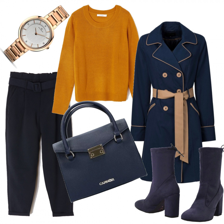 Outfit donna - Oggi faccio lo straordinario. Stile Trendy per Ufficio. Abbinamento con trench, stivaletti effetto scamosciato con tacco squadrato e laccetti con punta tonda pianta larga tinta unita, maglione girocollo giallo, pantalone lungo, borsa a tracolla nero e blu, orologi analogici.