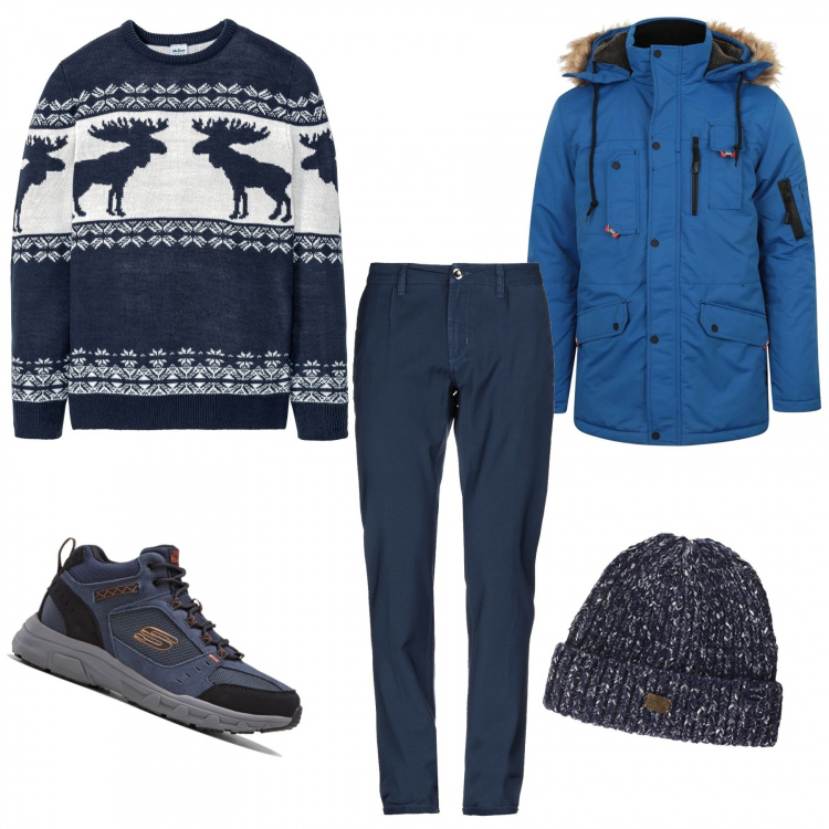 Outfit uomo - Fine settimana in montagna. Stile Casual per Tutti i giorni. Abbinamento con maglieria, scarponcini blu, pantalone chino, parka con cappuccio e zip blu, berretto.