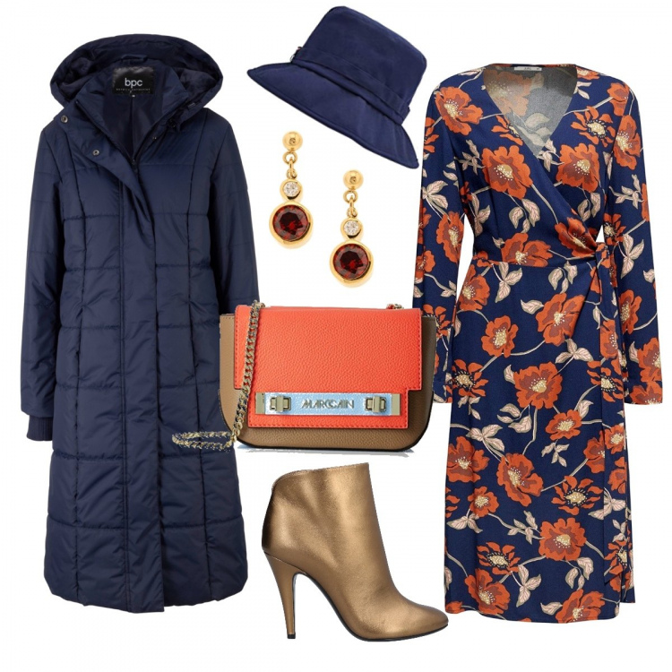 Outfit donna - #curvystyle Blu profondo sullo sfondo. Stile Bon Ton per Serata fuori. look ideale per Petite. Abbinamento con blazer, stivaletti, vestiti midi/longuette, cappello taglia unica blu e navy, shopping bag multicolore e rosso e arancione, orecchini.