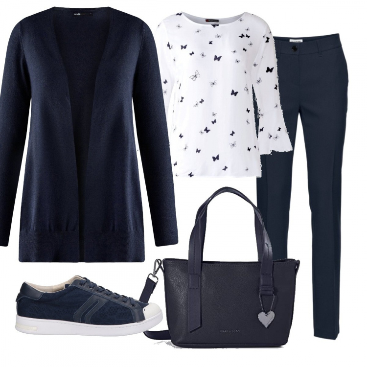 Outfit donna - Maglietta con farfalle. Stile Basic per Tutti i giorni. Abbinamento con pantaloni, sneakers, t-shirt a maniche lunghe multicolore e bianco, scarpa, cardigans.