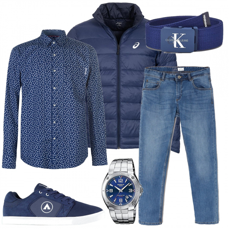 Outfit uomo - Casual #5586. Stile Casual per Tutti i giorni. Abbinamento con jeans skinny in denim blu, giubbotto sport con zip e polsini navy, camicie, sneakers sport navy, orologi, cinture.
