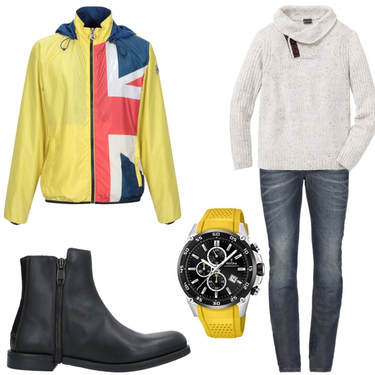 Outfit uomo - Vacanza a Londra. Stile Urban per Tutti i giorni. Abbinamento con maglieria, cappotti, stivaletti con tacco squadrato e zip con punta tonda in pelle tinta unita, jeans in denim tinta unita, orologi.