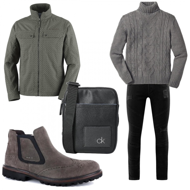 Outfit uomo - Total grey. Stile Trendy per Tutti i giorni. Abbinamento con maglieria, borsa a tracolla mini con zip interno foderato in pelle sintetica tinta unita, stivali e stivaletti, giacca, jeans slim fit.
