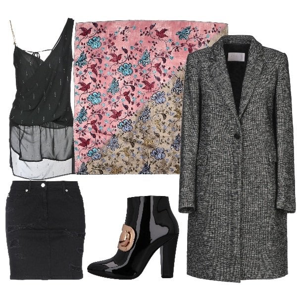 Outfit donna - Black Friday 2019. Stile Trendy Abbinamento con cappotto con spacco tweed collo con revers a maniche lunghe interno foderato monopetto, top con drappeggio scollatura senza maniche crêpe, stivaletti, foulard fantasia floreale in raso, gonna contrasto delavé con zip interno sfoderato in denim tinta unita.