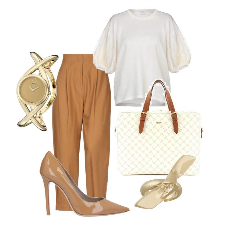 Outfit donna - Settembre a lavoro. Stile Bon Ton per Ufficio. Abbinamento con pantaloni, anello, pullover, décolleté, borsa.