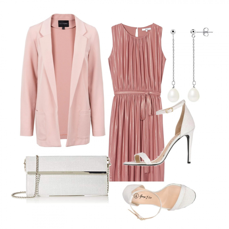Outfit donna - Un vestito a pieghe. Stile Bon Ton per Cerimonia. Abbinamento con sandali glitter con tacco spillo e cinturino con punta tonda pianta larga tinta unita, vestiti corti, vestiti senza maniche, orecchini a pendolo con perle certificato autenticità argento, clutch grigio.