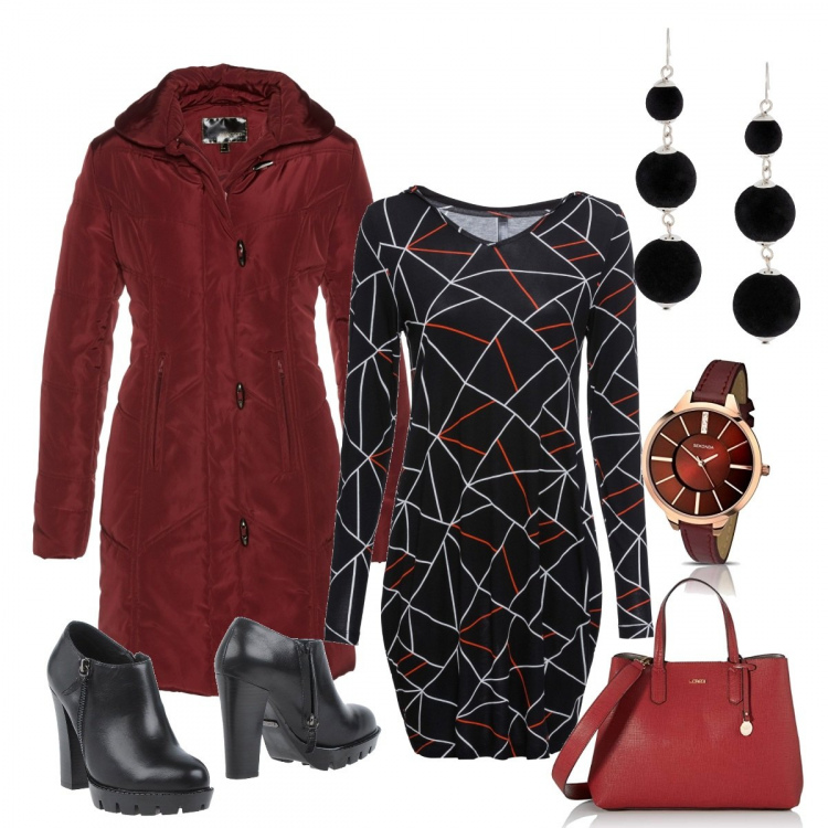 Outfit donna - Cena di Natale con i colleghi. Stile Chic per Serata fuori. Abbinamento con stivaletti con suola carrarmata e tacco squadrato con zip e punta tonda in pelle sintetica tinta unita, bomber, cappotti, orecchini, borsa a mano, orologi.