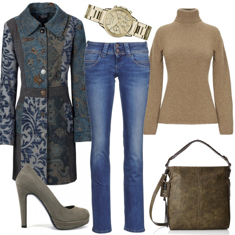 Outfit donna - Trendy. Stile Trendy per Ufficio. Abbinamento con cappotti, maglioncino melange lavorato a maglia collo a dolcevita a maniche lunghe 70% lana, jeans, décolleté, borsa a spalla, orologio.