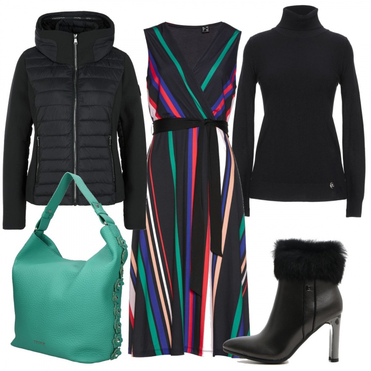 Outfit donna - #curvystyle con i tacchi. Stile Trendy per Serata fuori. Abbinamento con vestiti, maglioncino lavorato a maglia collo a dolcevita a maniche lunghe tinta unita, borsa a spalla con borchie e logo frontale verde, giacca, stivaletti.