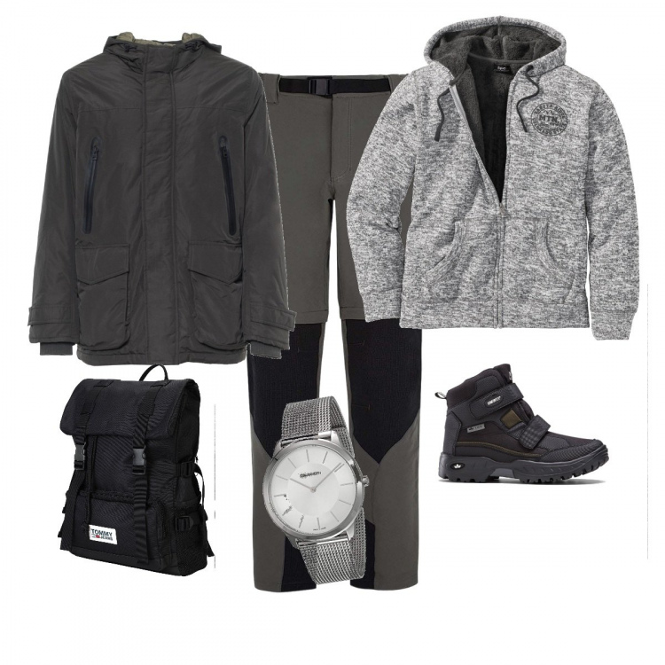 Outfit uomo - Escursione al monte Bianco. Stile Urban per Sport. Abbinamento con stivali e stivaletti, giacche, borsa, pantaloni cargo, giubbotto, orologio analogico con cinturino in acciaio inox argento.