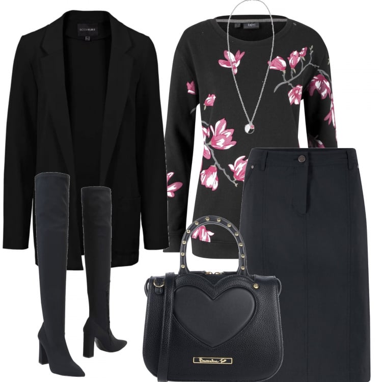 Outfit donna - Curvy plus, stivali neri. Stile Trendy per Ufficio. Abbinamento con felpe, jeans boyfriend, blazer, borsa a mano mini con borchie e zip interno foderato in pelle sintetica tinta unita, stivali al ginocchio in denim, collane.