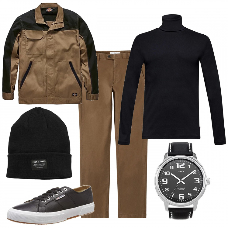 Outfit uomo - Aspettando il black friday.... Stile Casual per Tutti i giorni. Abbinamento con maglia, giacca, pantaloni, berretti, orologio analogico con fasce in pelle nero e argento, sneakers nero.
