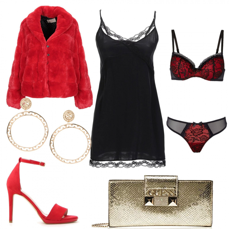 Outfit donna - Capodanno party. Stile Sexy per Serata fuori. Abbinamento con reggiseni, ecopellicce, vestito corto con pizzo scollatura profonda senza maniche interno sfoderato in raso tinta unita, orecchini, borse a mano, sandali.