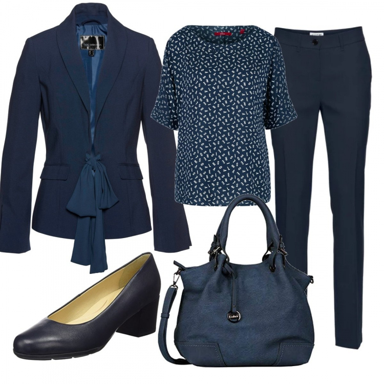 Outfit donna - Cintura a nastro. Stile Basic per Ufficio. Abbinamento con pantaloni, vestiti, camicia, borsa a spalla blu, scarpe col tacco.