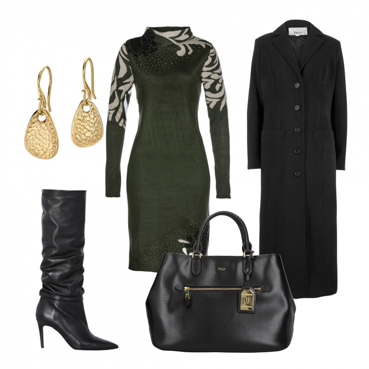 Outfit donna - In ufficio il caldo vestito in lana. Stile Trendy per Ufficio. Abbinamento con cappotti, pantaloni capri, stivali, borsa a mano con bottoni nero, orecchini in argento 925.