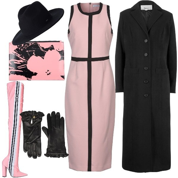 Outfit donna - Lady. Stile Trendy per Serata fuori. Abbinamento con cappotti, vestito longuette con spacco fantasia collo tondo senza maniche con zip interno sfoderato crêpe, stivali, pochette, guanti nero, cappello nero.