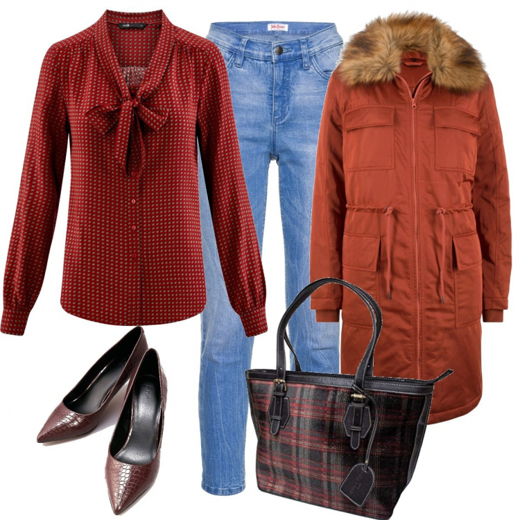 Outfit donna - Parka e tacchi. Stile Basic per Ufficio. Abbinamento con vestiti midi/longuette, jeans cropped in denim elasticizzato blu, camicie, scarpe col tacco, borse tote.