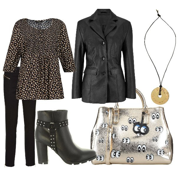 Outfit donna - Fleurellestyle#14(rock this way). Stile Rock per Tutti i giorni. Abbinamento con blazer, vestiti, borsa a tracolla con stampa in pelle martellata taglia media con zip interno sfoderato tinta unita blu, collane, pullover, stivali.