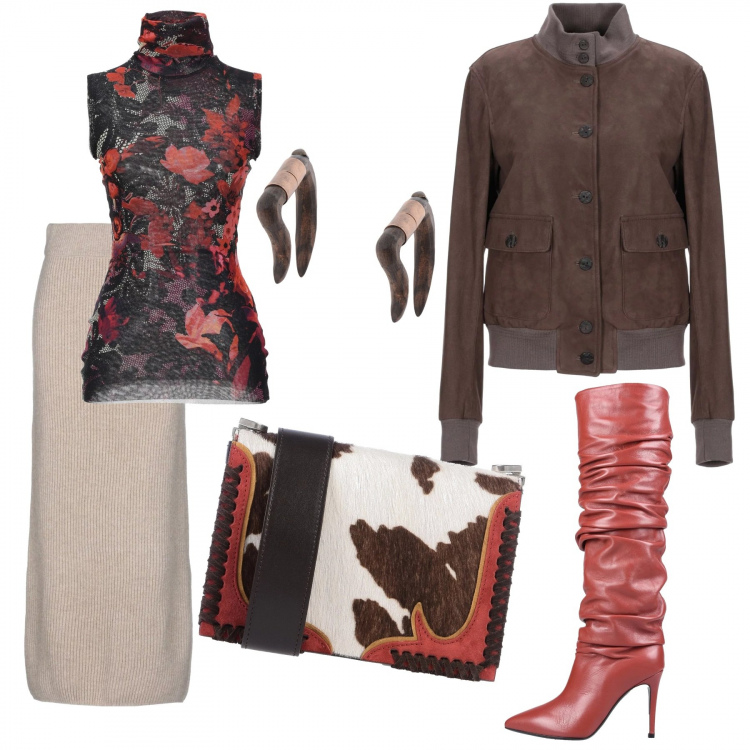 Outfit donna - Black week 2019 special bag. Stile Trendy per Tutti i giorni. Abbinamento con top fantasia floreale collo alto in tulle, gonna lunga melange lavorato a maglia interno sfoderato tinta unita, giubbotto collo alto a maniche lunghe interno foderato in nabuk tinta unita, orecchini, borsa a tracolla mini contrasto effetto scamosciato interno foderato rigido, stivali.