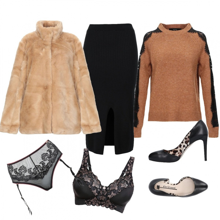 Outfit donna - Sexy ma non si vede. Stile Sexy per Serata fuori. Abbinamento con reggiseni, pullover con pizzo melange lavorato a maglia collo tondo a maniche lunghe elasticizzato, gonna longuette con spacco anteriore lavorato a maglia interno sfoderato tinta unita, décolleté, ecopellicce, slip.