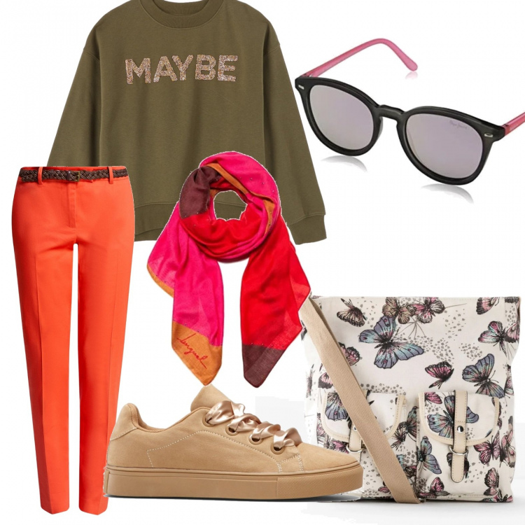 Outfit donna - Pomeriggio con le amiche#2. Stile Urban per Tutti i giorni. Abbinamento con borse a tracolla, sneakers con plateau beige, felpa con strass stile militare girocollo a maniche lunghe verde, pantalone lungo, foulard, occhiali da sole grigio.