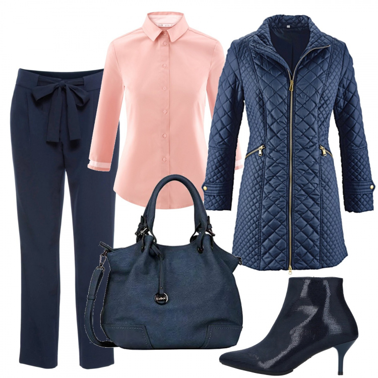 Outfit donna - Venerdì in ufficio. Stile Chic per Ufficio. Abbinamento con blazer, pantalone lungo, stivaletti con tacco spillo e zip a punta tinta unita, camicia, borsa a spalla blu.