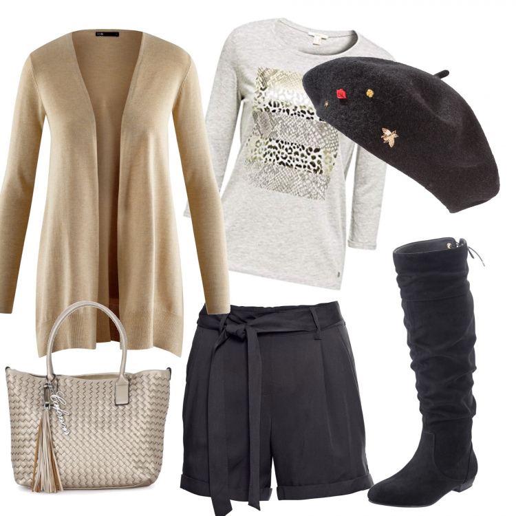 Outfit donna - La shopper è d’oro. Stile Trendy per Tutti i giorni. Abbinamento con cappelli e berretti, shorts, stivali, shopping bag nero e oro, t-shirt, cardigan lavorato a maglia collo aperto aderente beige.