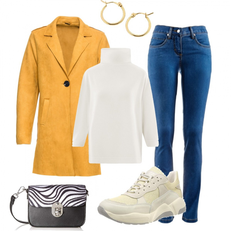 Outfit donna - Fall in love. Stile Basic per Tutti i giorni. Abbinamento con jeans dritti, cappotti, maglione, scarpe da ginnastica bianco, borse a tracolla, orecchini.