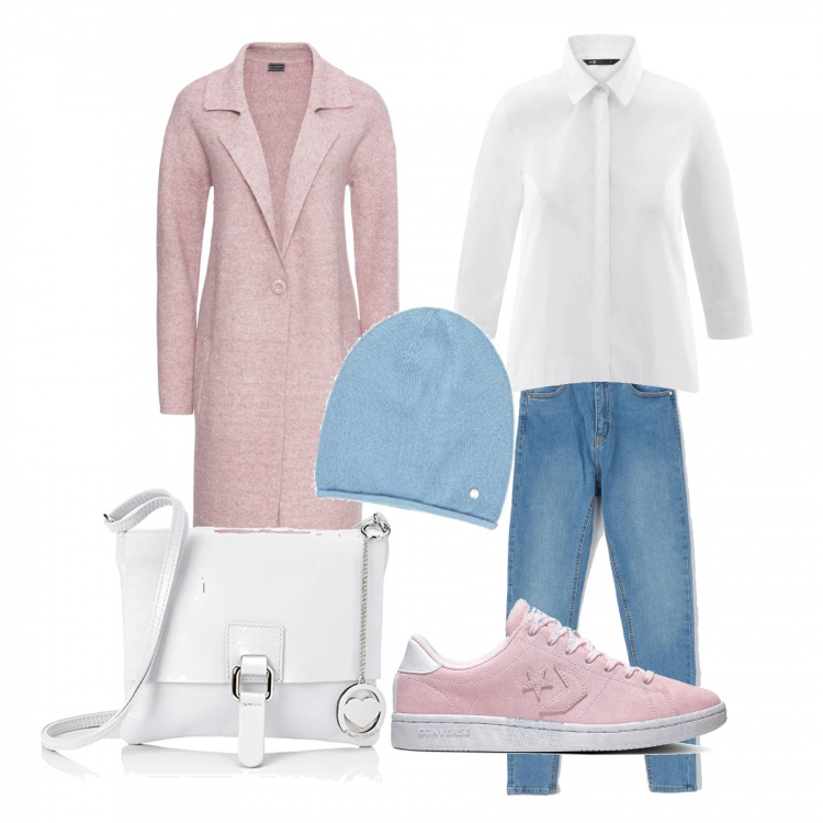 Outfit donna - Converse rosa. Stile Urban per Tutti i giorni. Abbinamento con cappotti, jeans, sneakers, camicie, shopping bag bianco, berretti.