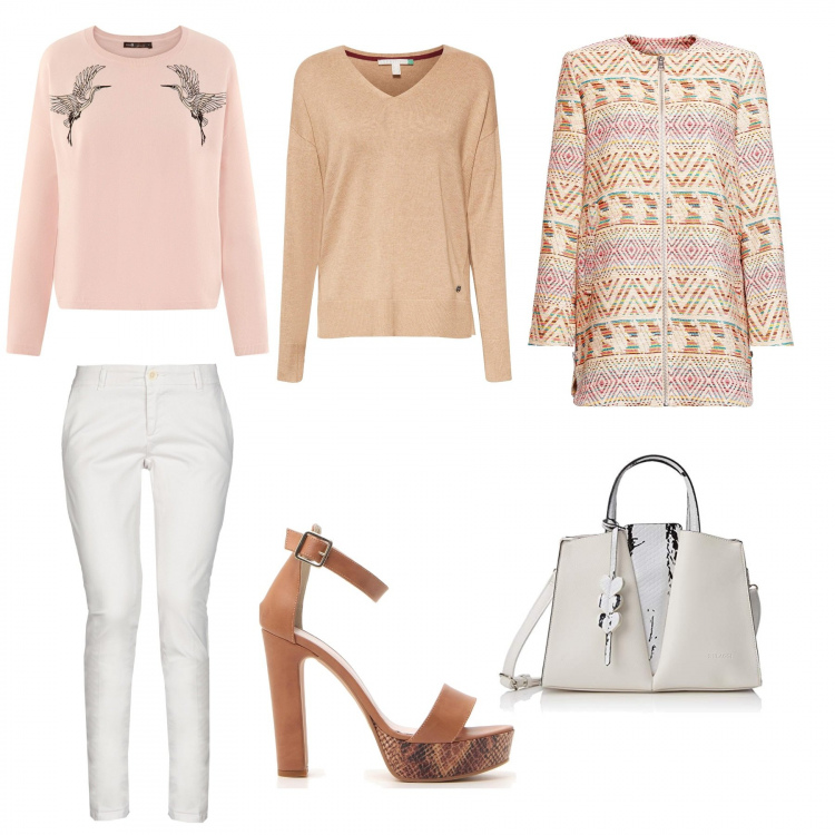 Outfit donna - Trendy #34108. Stile Trendy per Tutti i giorni. look ideale per Petite. Abbinamento con pantalone con zip tinta unita, giubbotto multicolore e beige, maglioni, felpe, sandali, shopping bag.