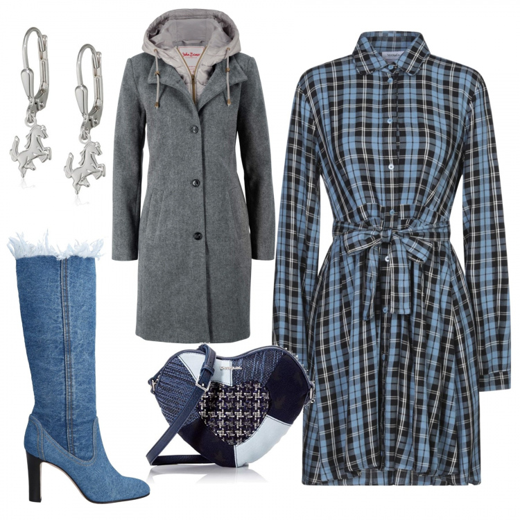 Outfit donna - Lo Stivale di Jeans. Stile Urban per Tutti i giorni. Abbinamento con cappotti, vestito corto, stivali con frange e tacco squadrato interno foderato con punta tonda tinta unita, borsa a tracolla con cuore e zip con tasca interna, orecchini in argento 925.