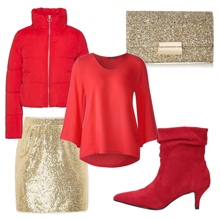 Outfit donna - È arrivato Natale. Stile Trendy per Serata fuori. Abbinamento con stivaletti, t-shirt a maniche lunghe rosso, gonna a tubino a tubo con paillettes oro, pantaloni corti e shorts, pochette oro.