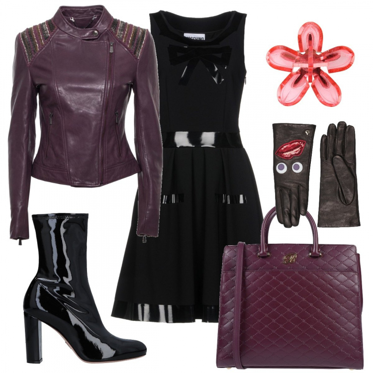 Outfit donna - “Black week 2019“ Focus bag. Stile Chic per Serata fuori. Abbinamento con vestiti corti, borsa a mano, stivaletti, gioielli per il corpo in ottone con spille, guanti contrasto con paillettes interno foderato in pelle tinta unita, giubbotto.