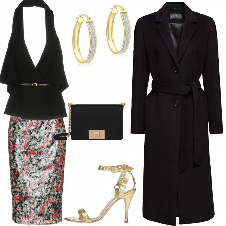 Outfit mujer - Cena elegante. Estilo Trendy para Noche/Fiesta elegante. Combinación con cintura nero, pendientes oro, top jersey, gonna fantasia floreale taglia media, sandalias de tacón, borsa a tracolla mini.