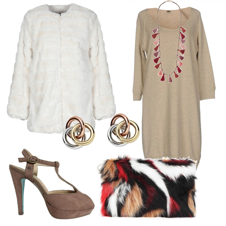 Outfit donna - Black Friday - la borsa multicolor. Stile Chic per Serata fuori. Abbinamento con vestito corto, ecopelliccia, borsa a mano taglia media, collana, scarpe col tacco, orecchini.